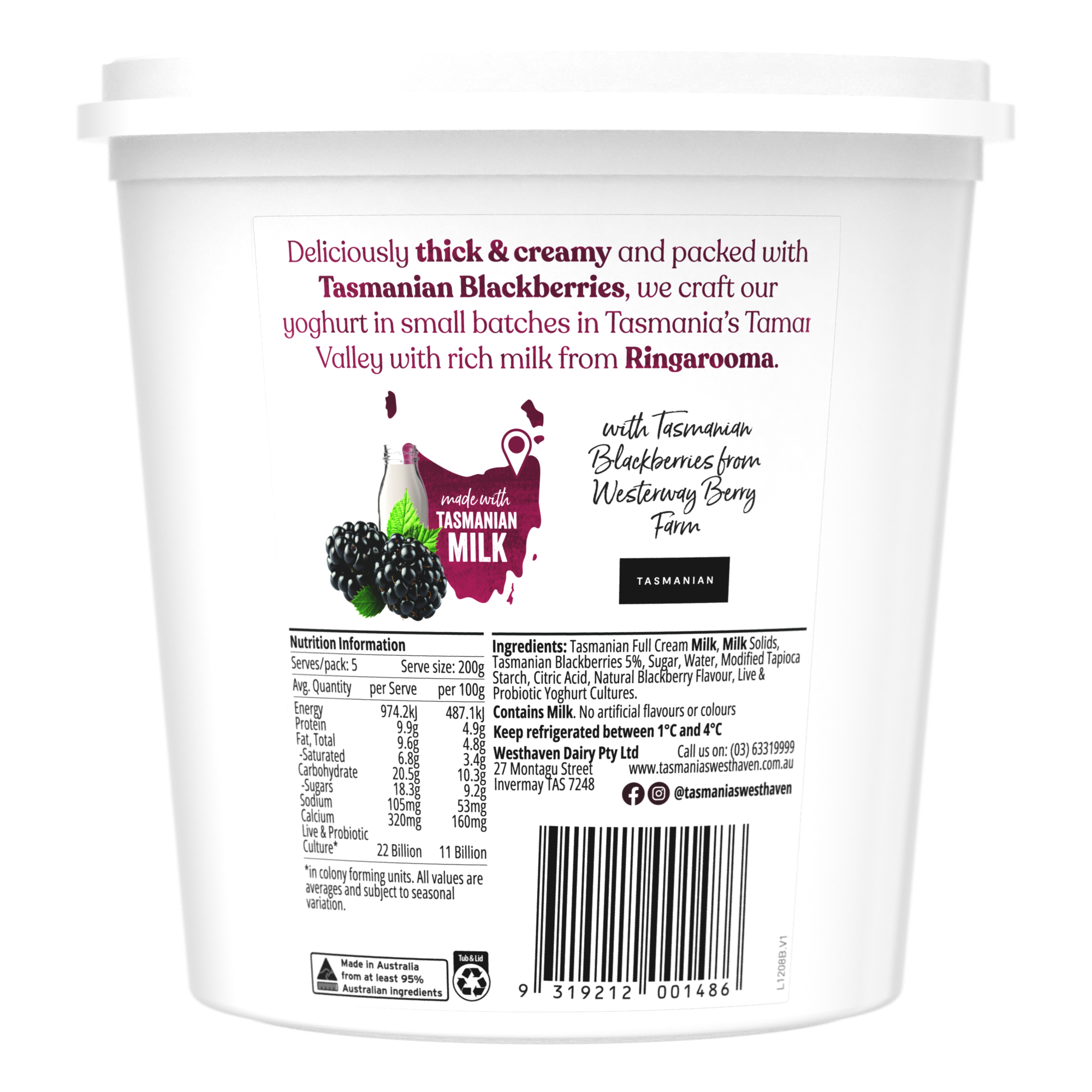 Tasmania's Westhaven Blackberry Yoghurt - Tasmanian Provenance